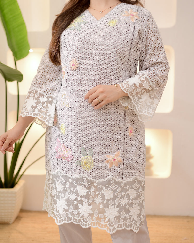 Ash Grey Schiffli Handwork Cotton Co-ord