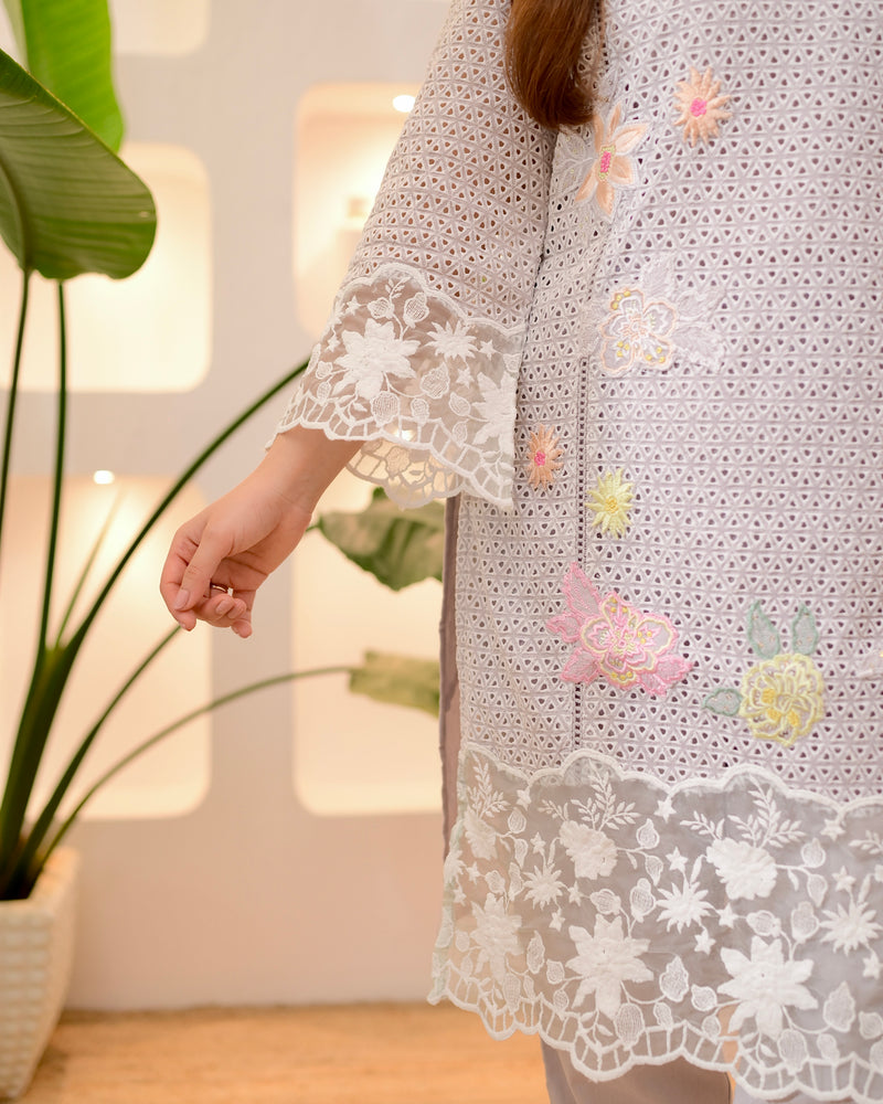 Ash Grey Schiffli Handwork Cotton Co-ord
