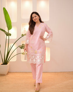 Baby Pink Schiffli Handwork Cotton Co-ord