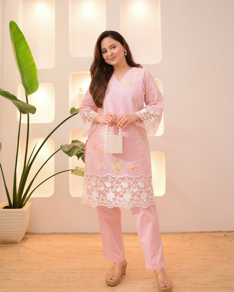 Baby Pink Schiffli Handwork Cotton Co-ord