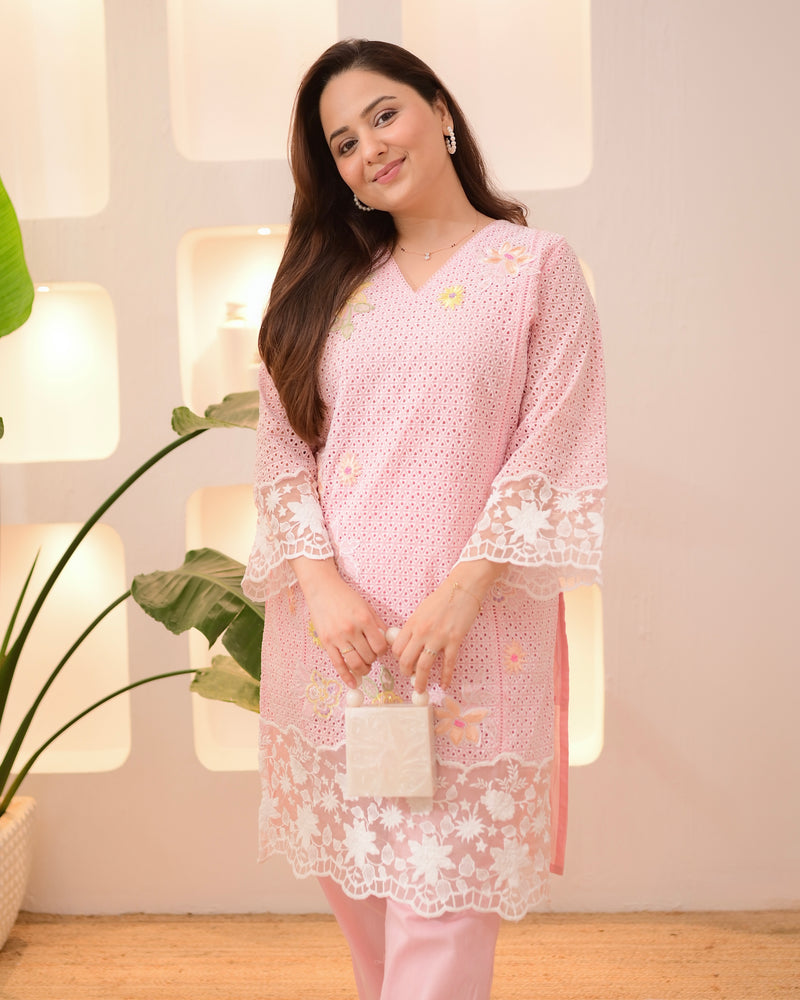 Baby Pink Schiffli Handwork Cotton Co-ord