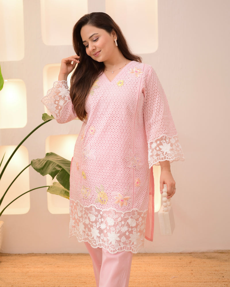 Baby Pink Schiffli Handwork Cotton Co-ord
