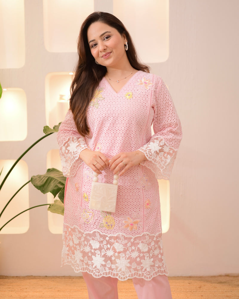 Baby Pink Schiffli Handwork Cotton Co-ord