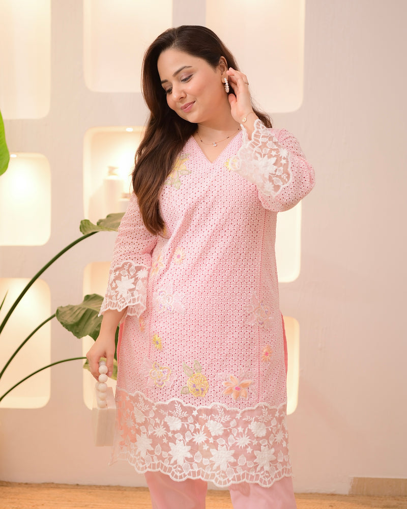 Baby Pink Schiffli Handwork Cotton Co-ord