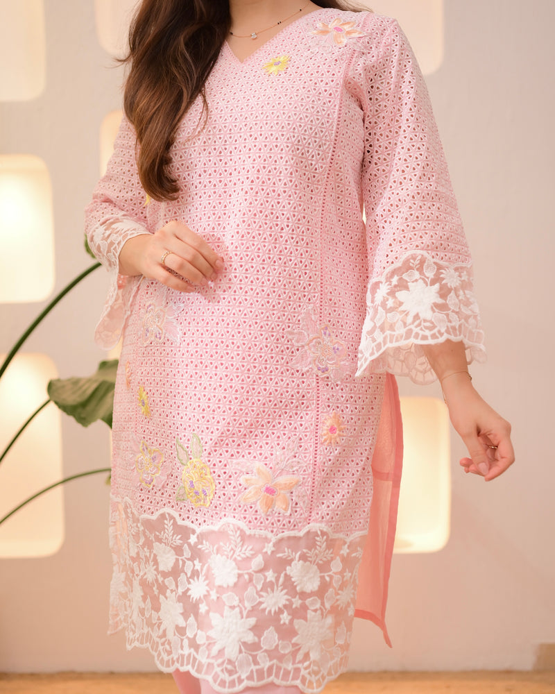 Baby Pink Schiffli Handwork Cotton Co-ord