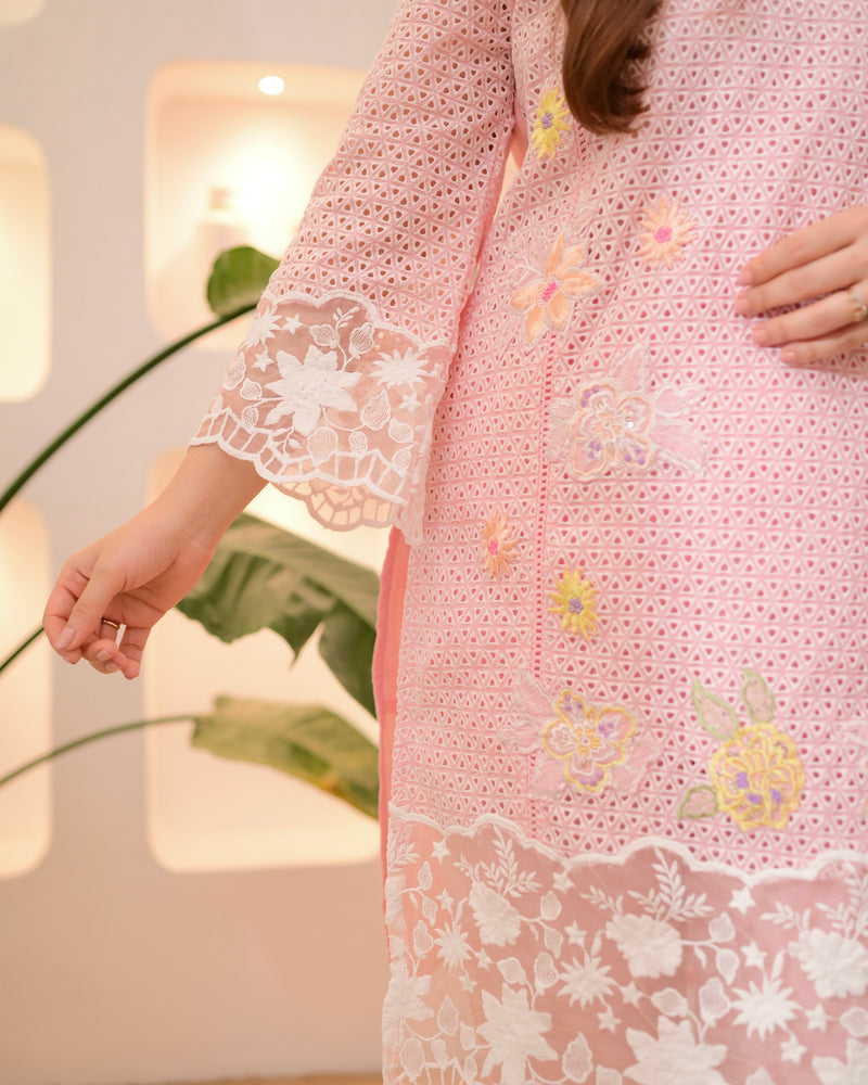 Baby Pink Schiffli Handwork Cotton Co-ord