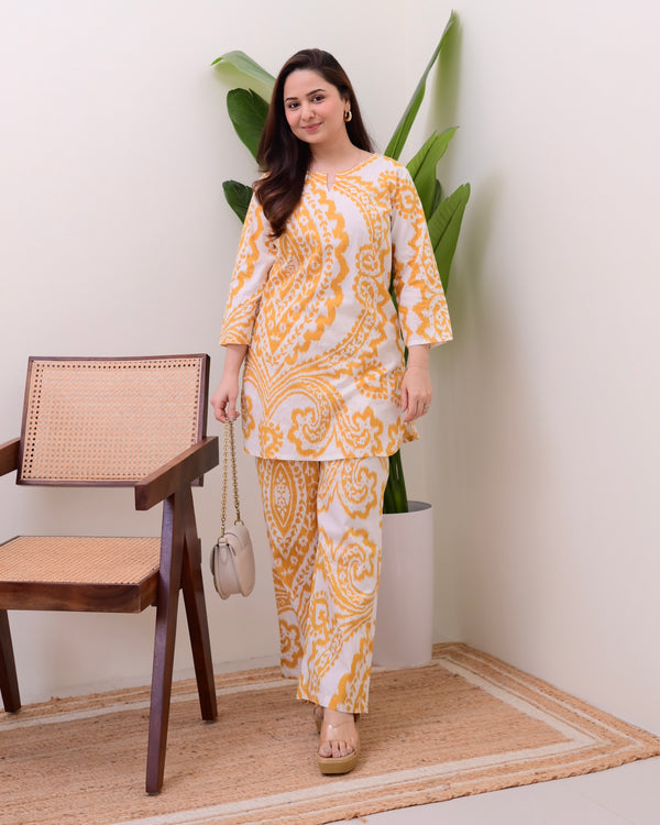 White Yellow Baroque Cotton Loungewear Set