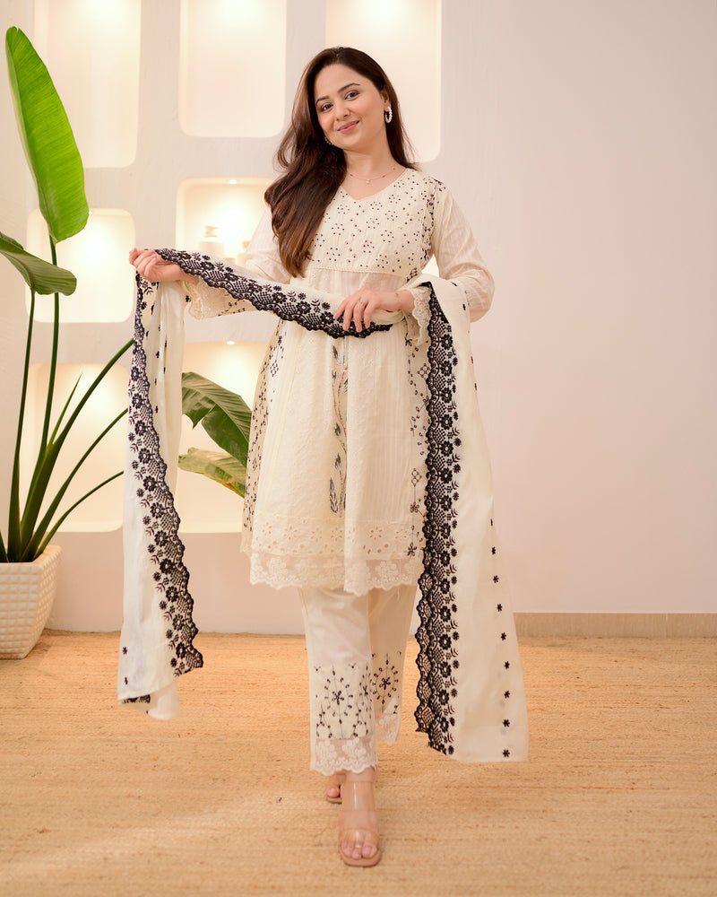 Ivory Black Schiffli Cotton Short Anarkali Suit