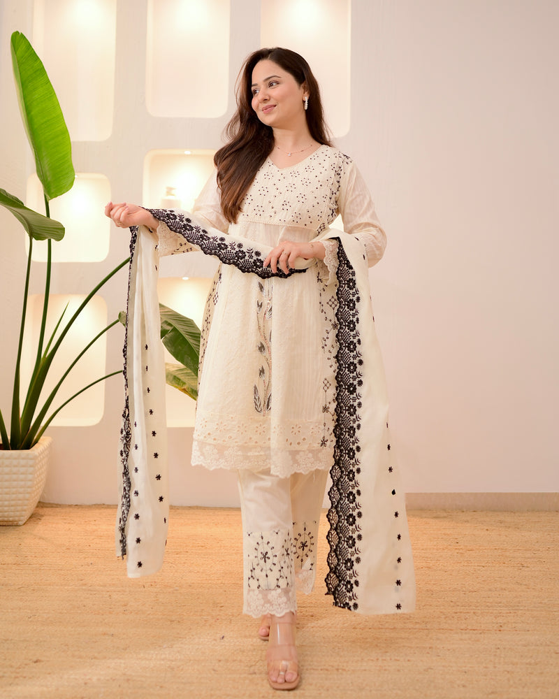 Ivory Black Schiffli Cotton Short Anarkali Suit