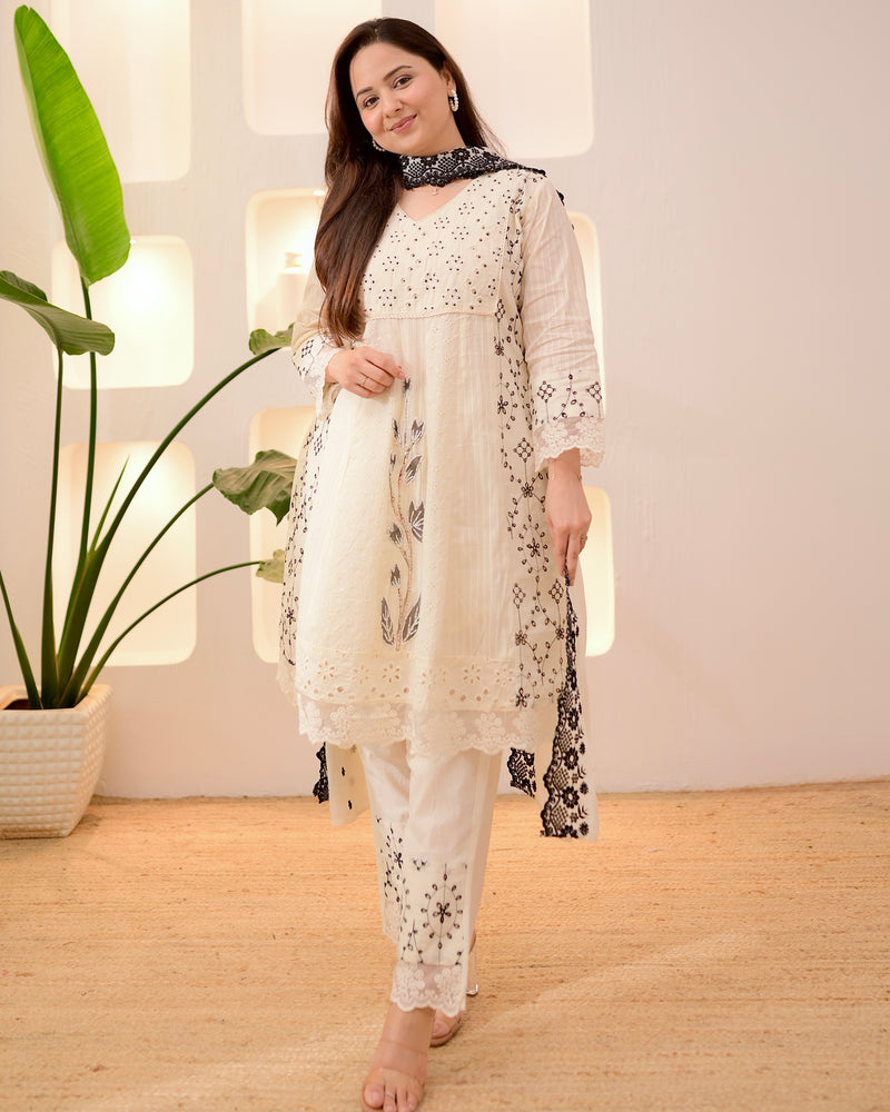 Ivory Black Schiffli Cotton Short Anarkali Suit