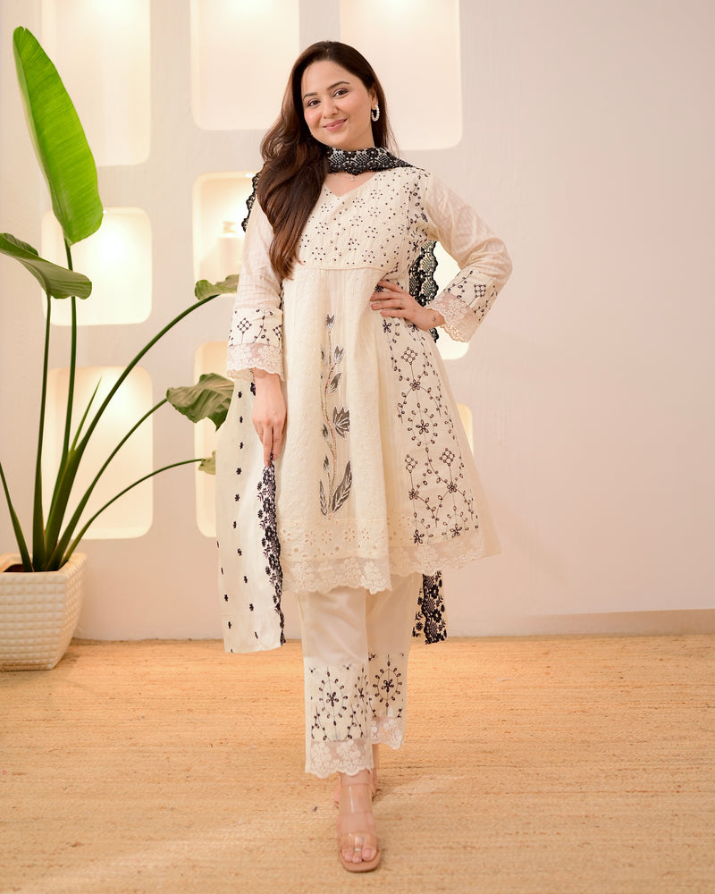 Ivory Black Schiffli Cotton Short Anarkali Suit