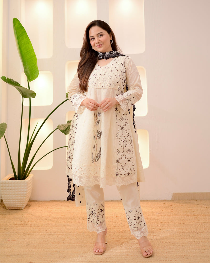Ivory Black Schiffli Cotton Short Anarkali Suit