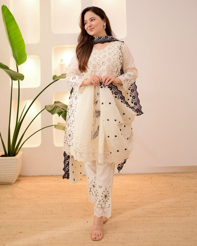 Ivory Black Schiffli Cotton Short Anarkali Suit