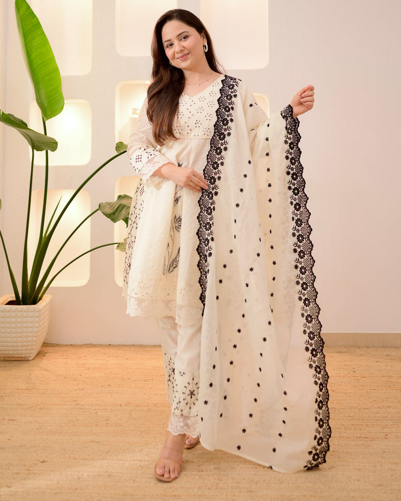 Ivory Black Schiffli Cotton Short Anarkali Suit