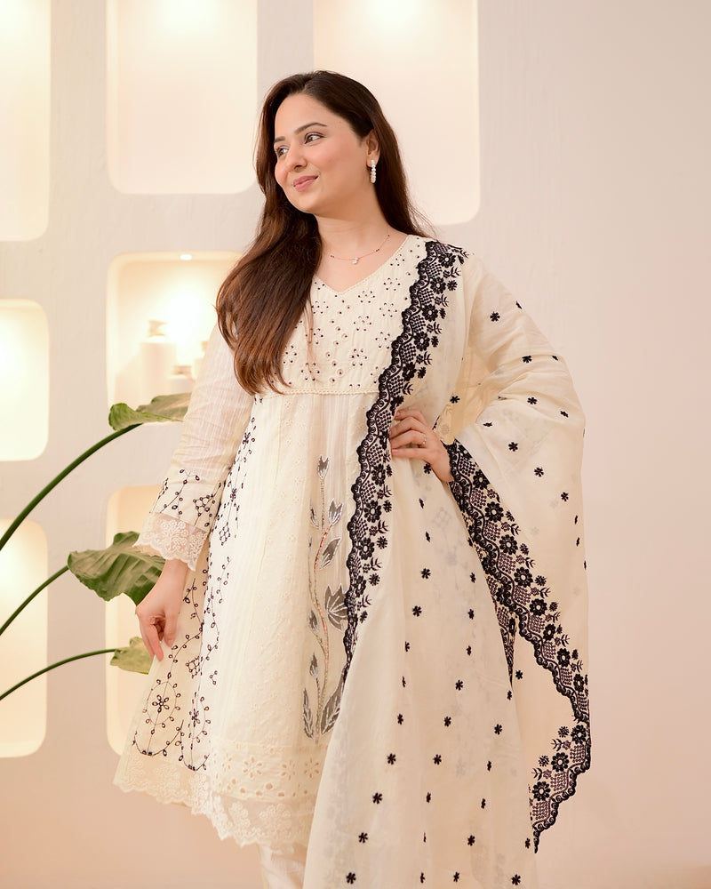 Ivory Black Schiffli Cotton Short Anarkali Suit