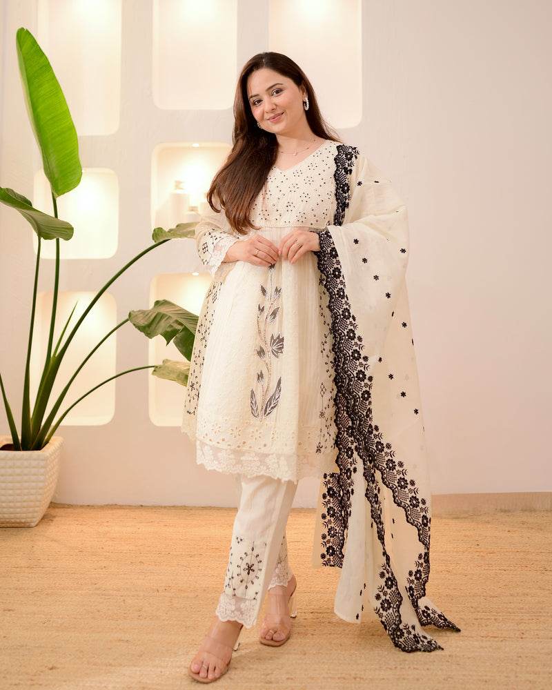 Ivory Black Schiffli Cotton Short Anarkali Suit