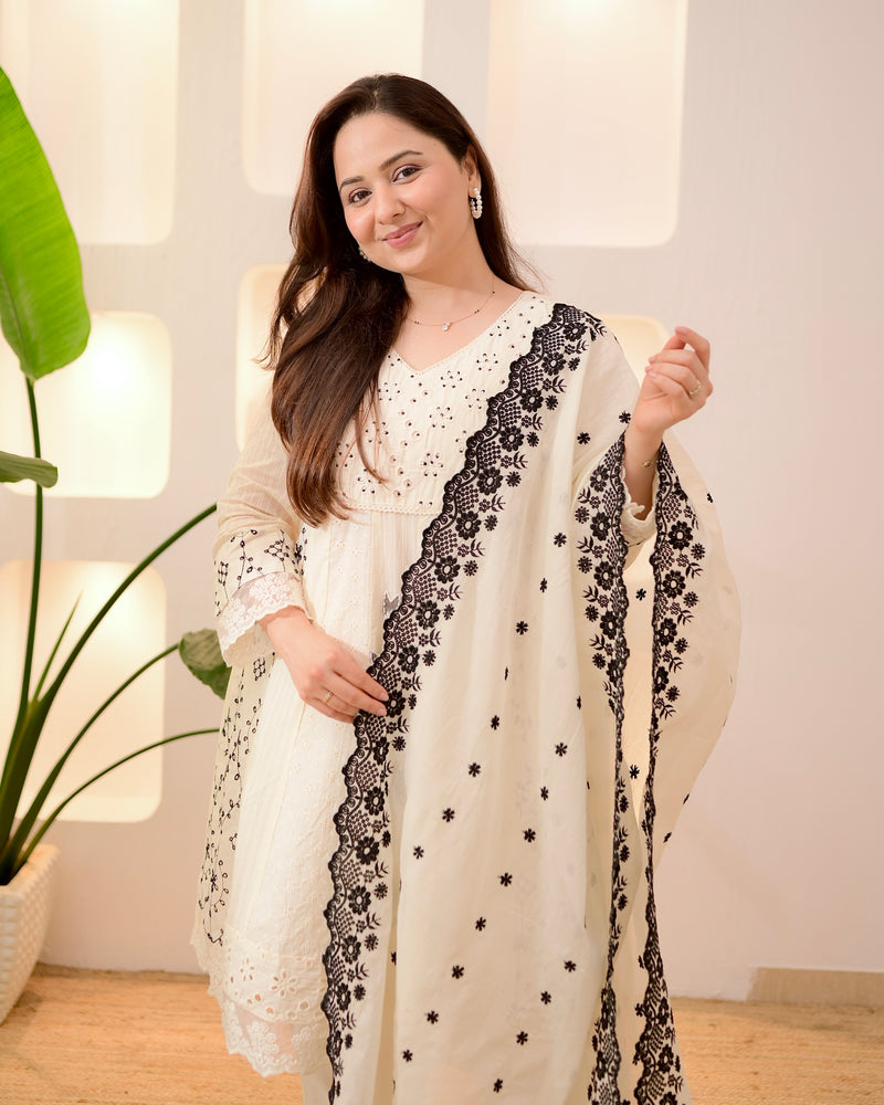 Ivory Black Schiffli Cotton Short Anarkali Suit
