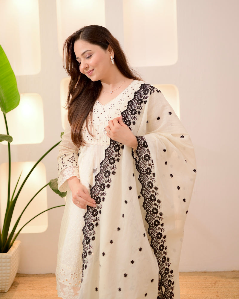 Ivory Black Schiffli Cotton Short Anarkali Suit