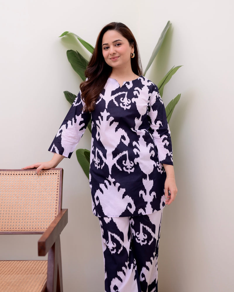 Black Ikat Cotton Loungewear Set