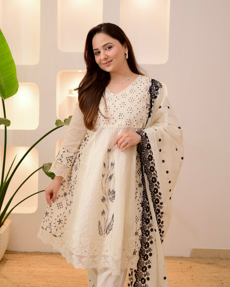 Ivory Black Schiffli Cotton Short Anarkali Suit