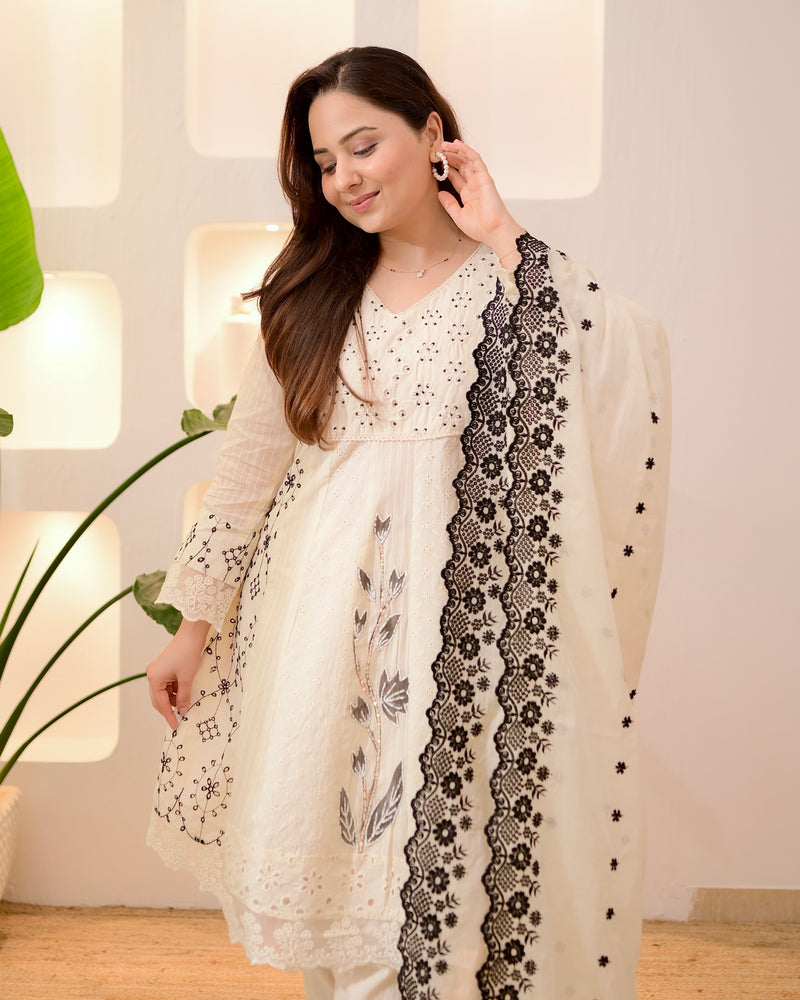Ivory Black Schiffli Cotton Short Anarkali Suit