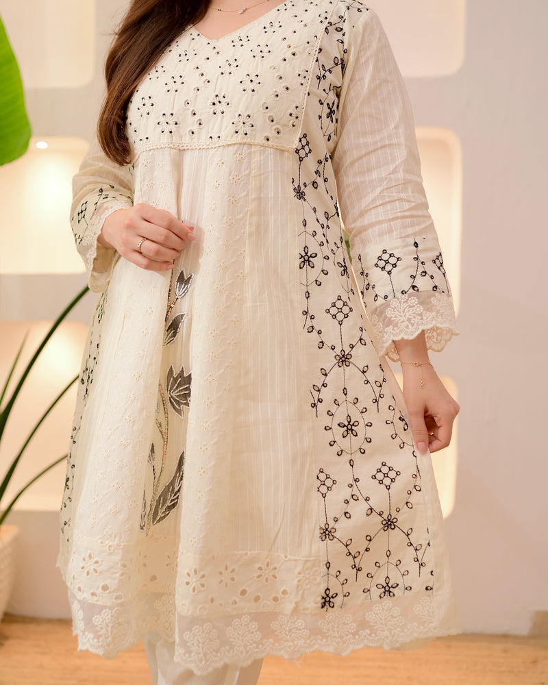 Ivory Black Schiffli Cotton Short Anarkali Suit