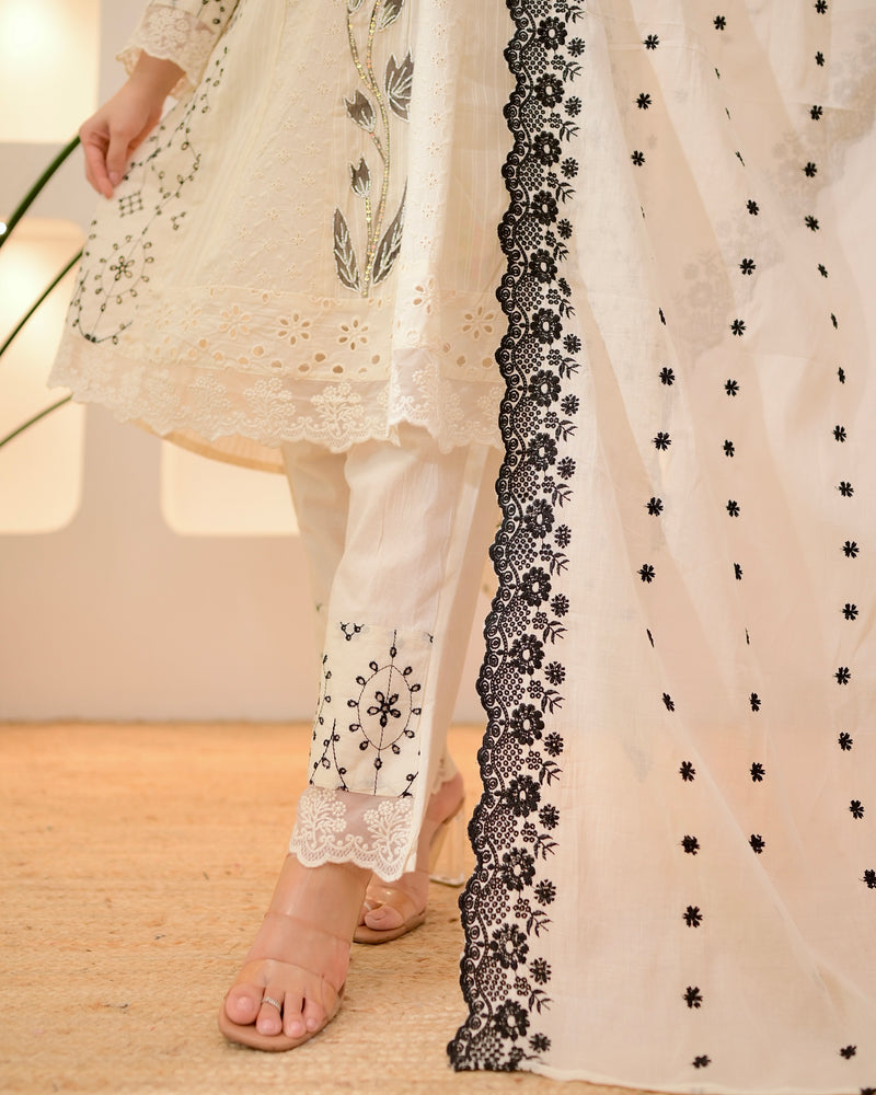 Ivory Black Schiffli Cotton Short Anarkali Suit