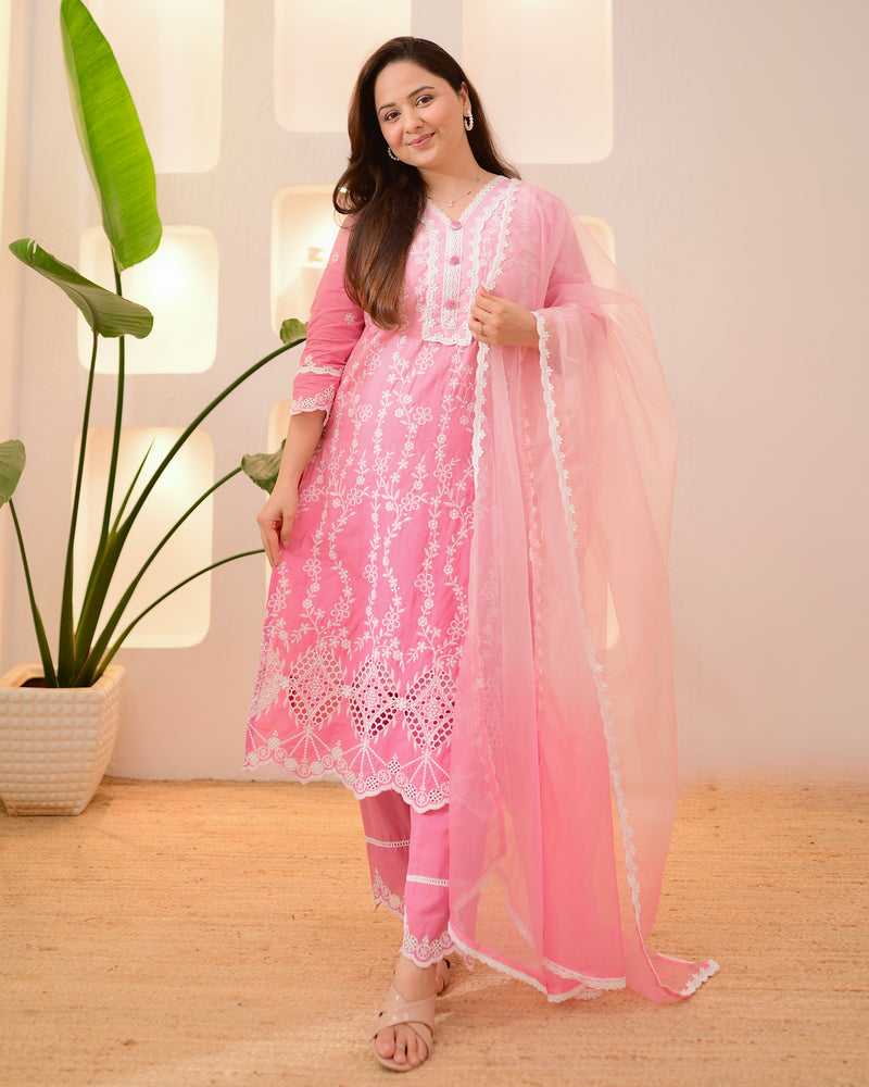 Pink Ombre Lucknowi Cotton Suit