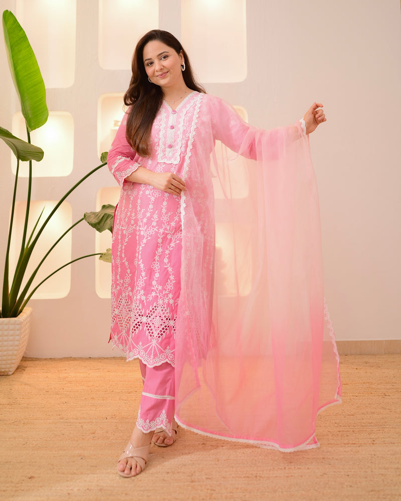 Pink Ombre Lucknowi Cotton Suit
