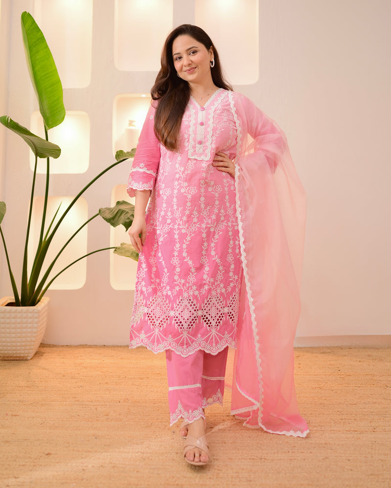 Pink Ombre Lucknowi Cotton Suit