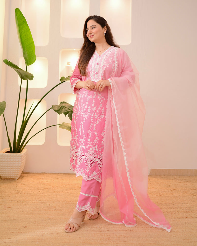 Pink Ombre Lucknowi Cotton Suit