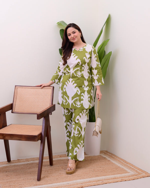 Green Ikat Cotton Loungewear Set