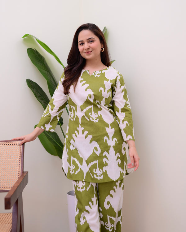 Green Ikat Cotton Loungewear Set