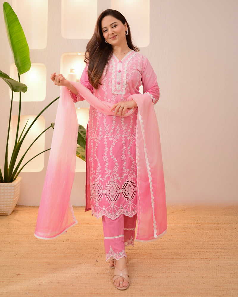 Pink Ombre Lucknowi Cotton Suit