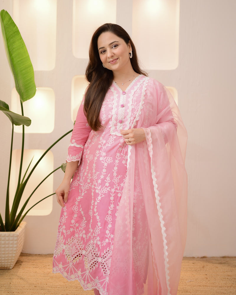 Pink Ombre Lucknowi Cotton Suit