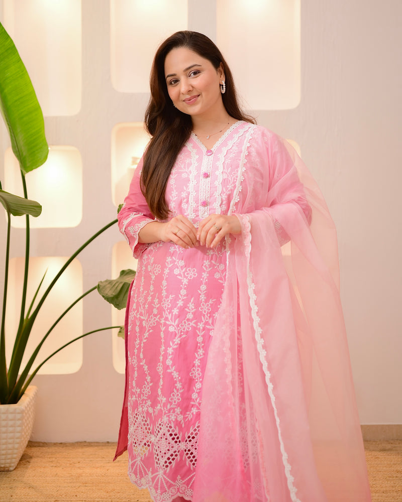 Pink Ombre Lucknowi Cotton Suit