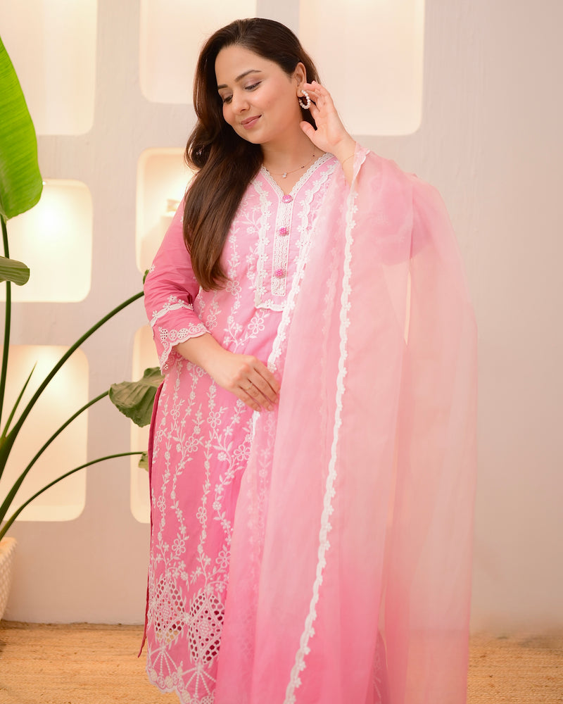 Pink Ombre Lucknowi Cotton Suit