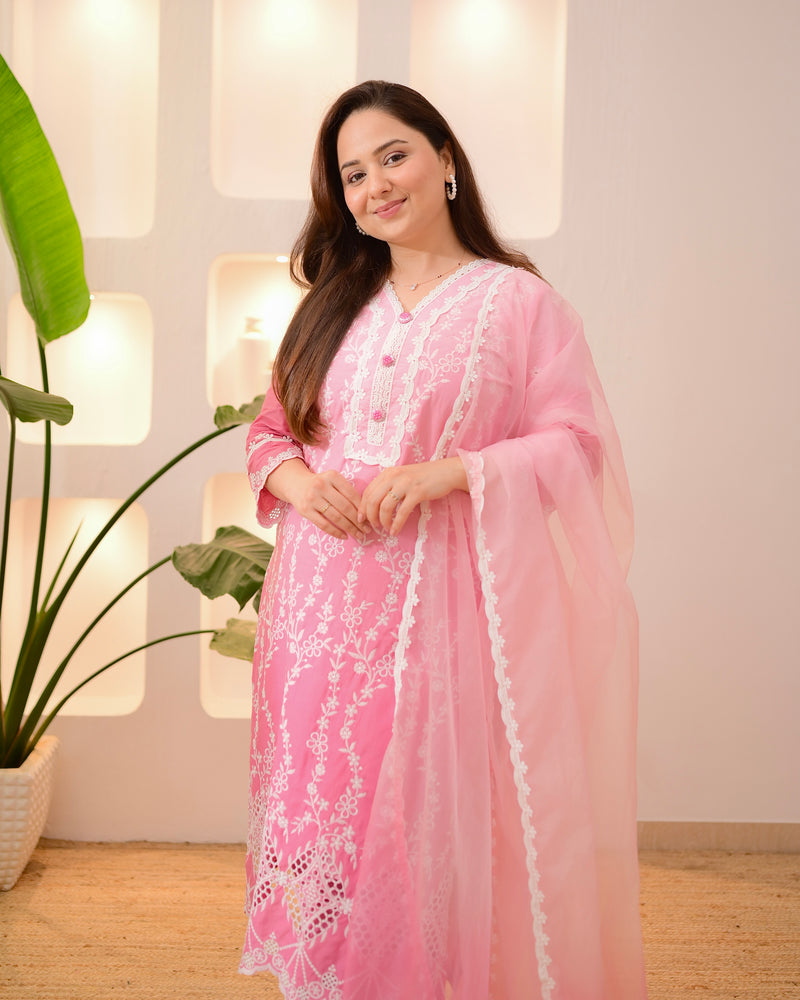 Pink Ombre Lucknowi Cotton Suit