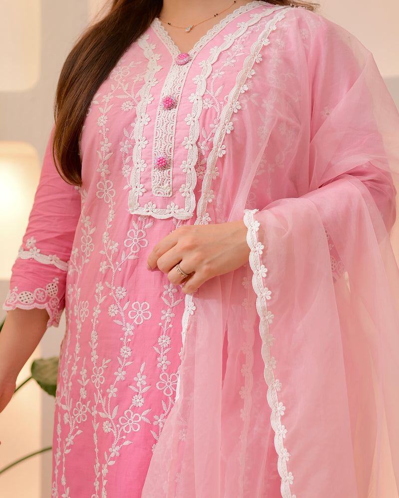 Pink Ombre Lucknowi Cotton Suit