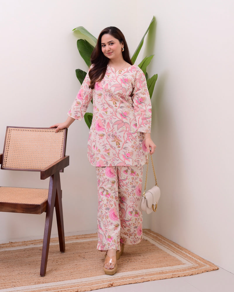 Baby Pink Floral Cotton Loungewear Set