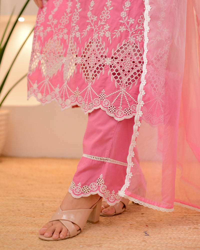 Pink Ombre Lucknowi Cotton Suit