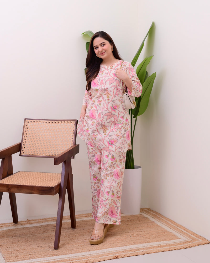 Baby Pink Floral Cotton Loungewear Set