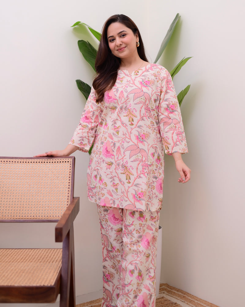 Baby Pink Floral Cotton Loungewear Set
