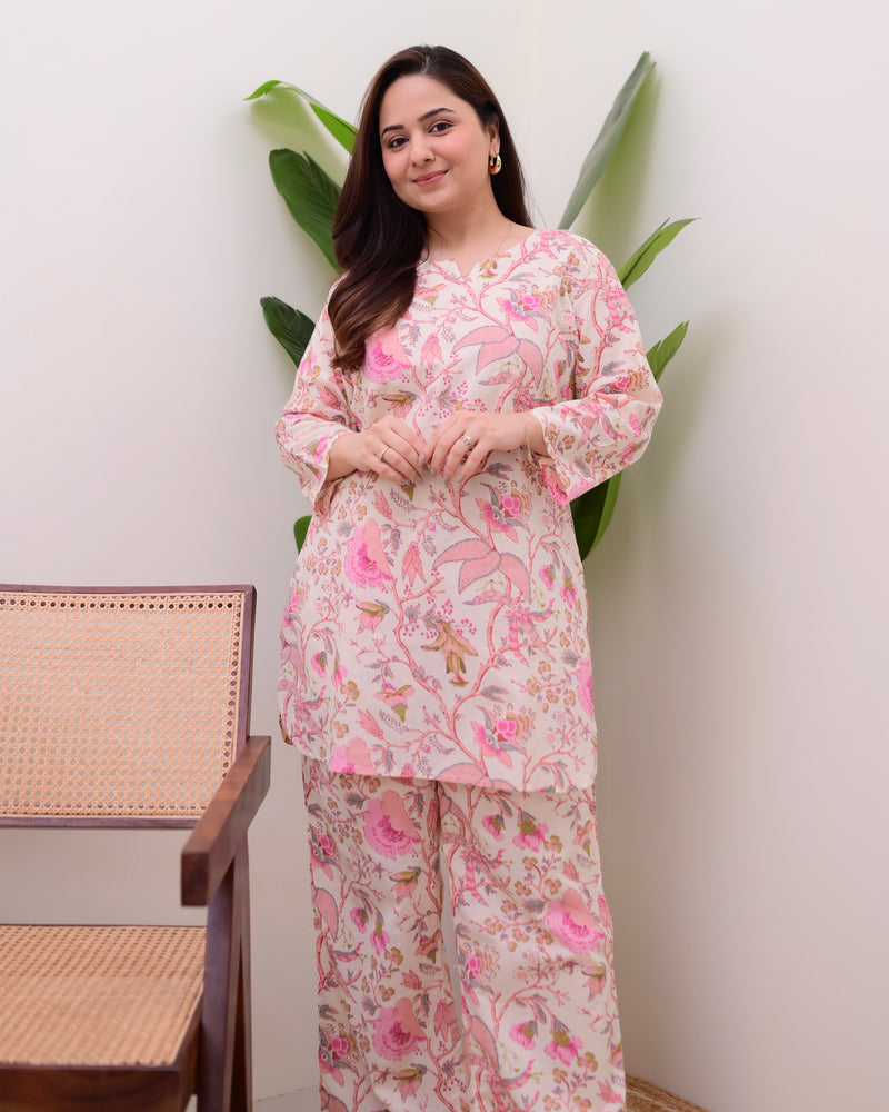 Baby Pink Floral Cotton Loungewear Set
