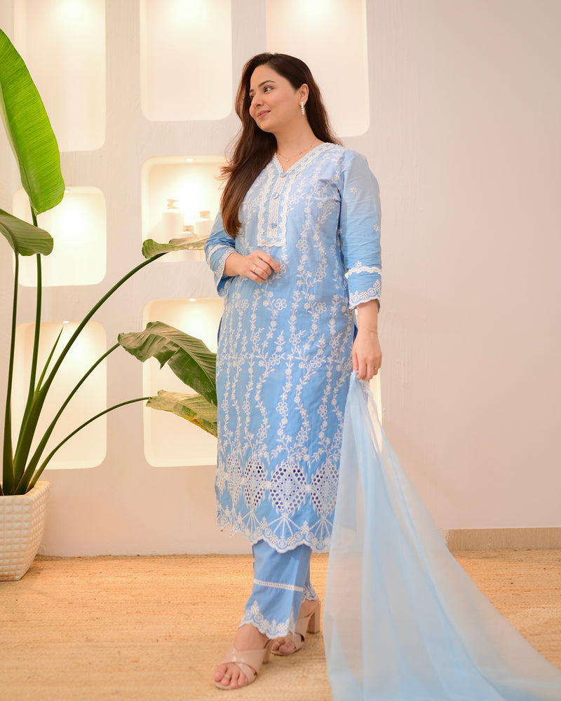 Blue Ombre Lucknowi Cotton Suit