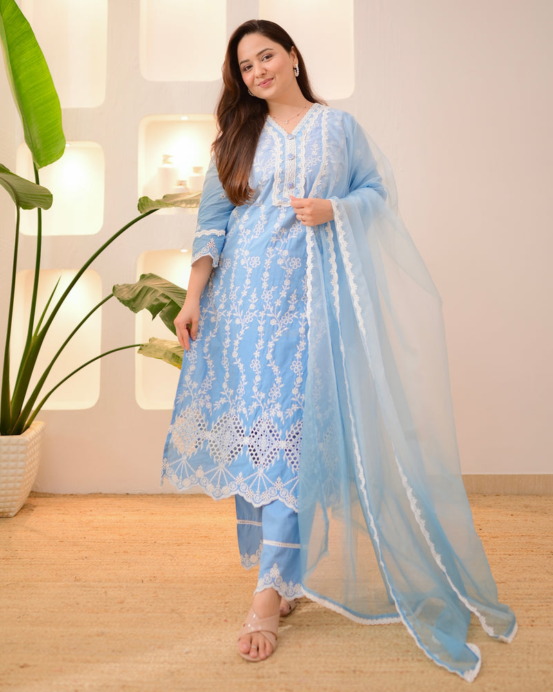Blue Ombre Lucknowi Cotton Suit