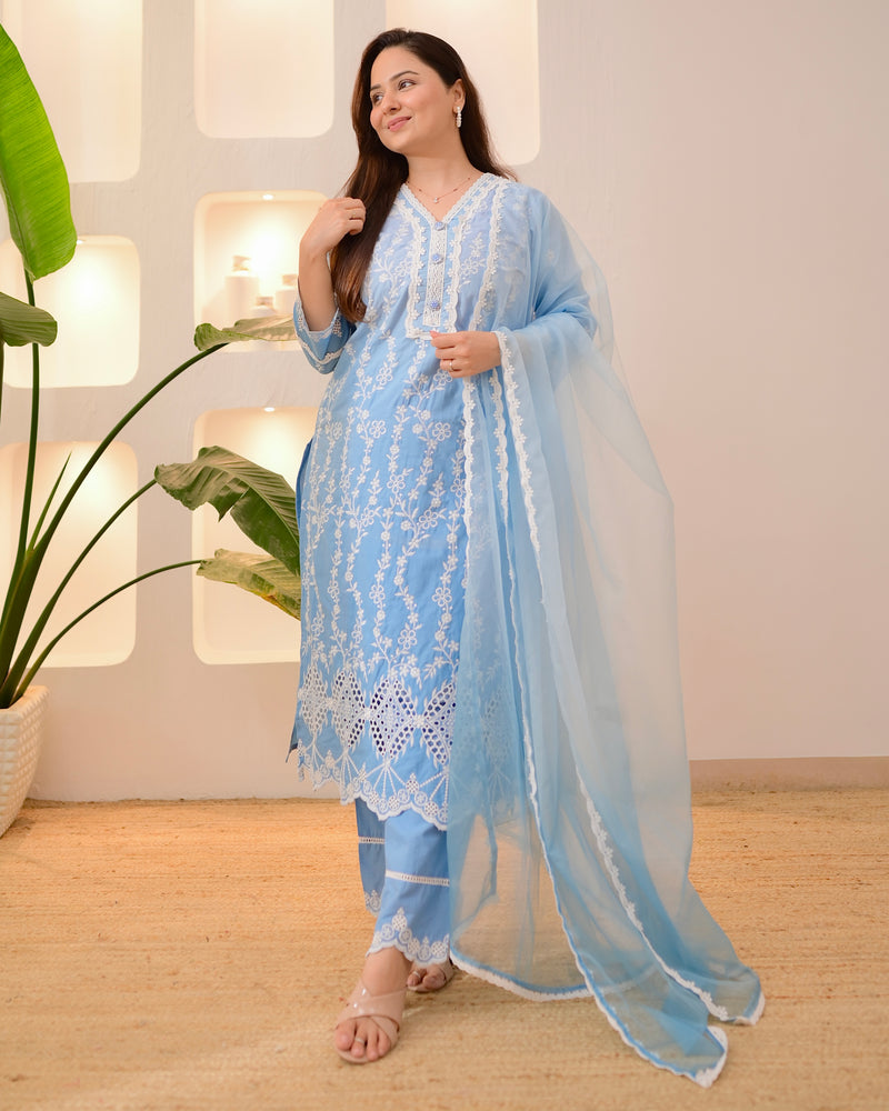 Blue Ombre Lucknowi Cotton Suit