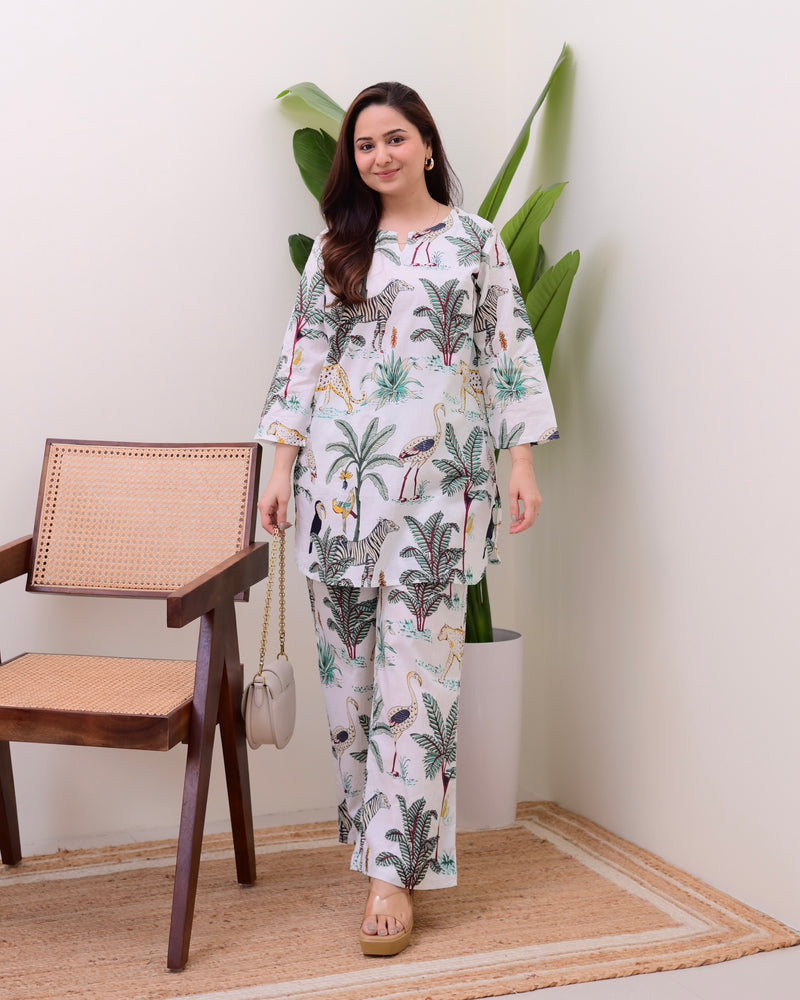 White Jungle Print Cotton Loungewear Set