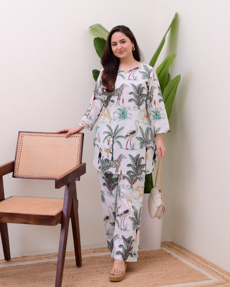 White Jungle Print Cotton Loungewear Set