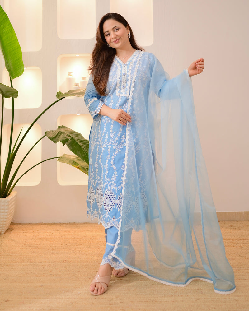 Blue Ombre Lucknowi Cotton Suit